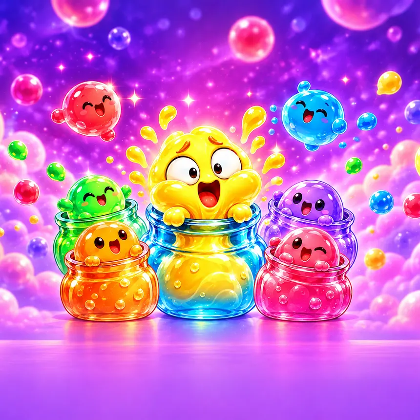 Gloop the yellow jelly slime pops out of a glass jar, surrounded by colorful jelly critters